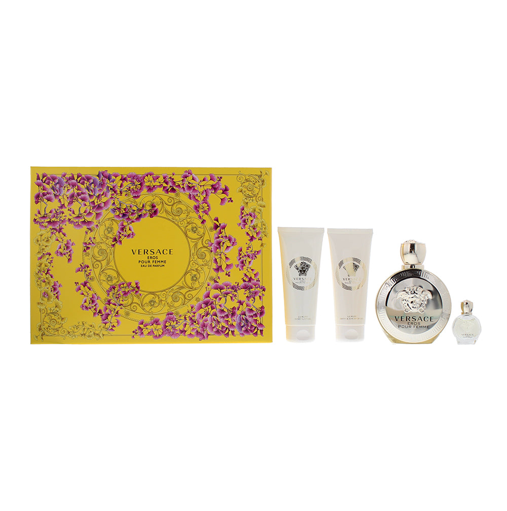 Versace Eros Pour Femme 4 Piece Gift Set: Eau de Parfum 100ml - Shower Gel 100ml - Body Lotion 100ml - Eau de Parfum 5ml